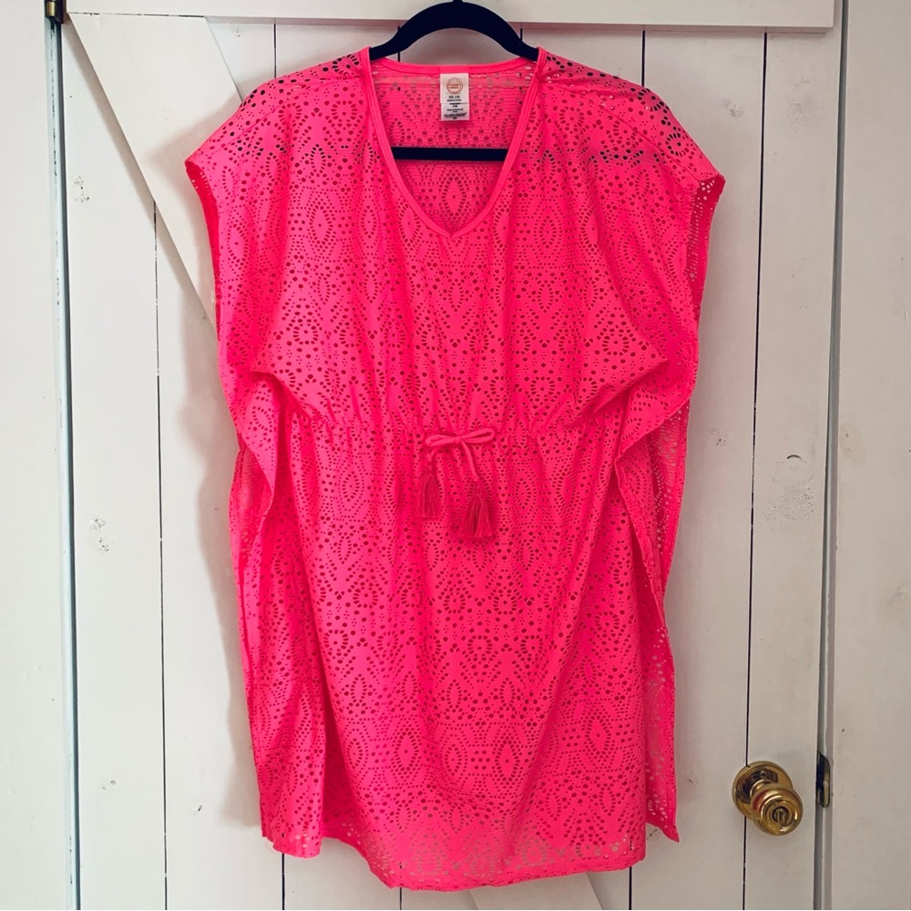 Wonder Nation Neon Pink Laser Cut Swim Coverup Tassel Tie Flowy